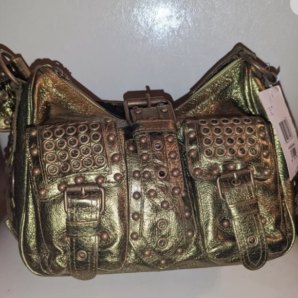 Vintage BETSEY JOHNSON Olive Heavy Metal Studded Satchel Handbag - Picture 16 of 16